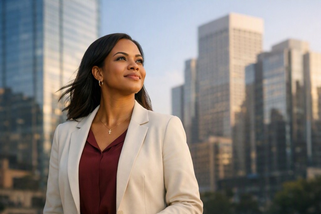 Professional woman looking up with quiet confidence in front of a city skyline