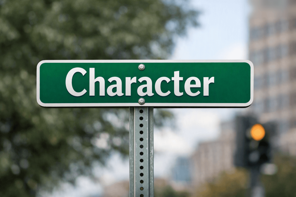 Green street sign reading Character