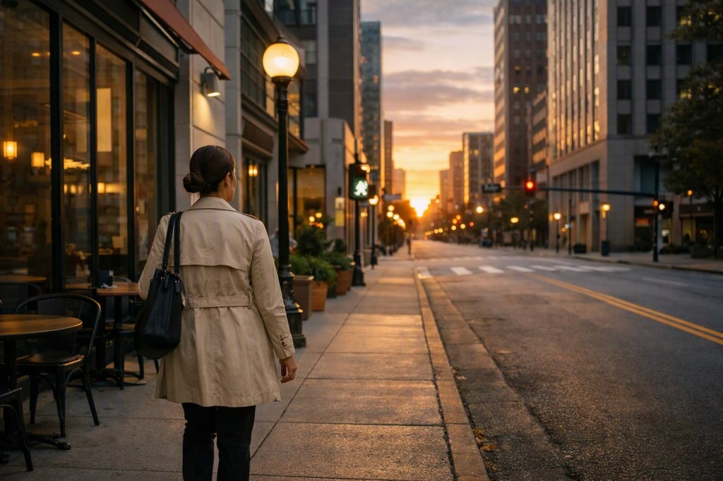 Professional walking to work along a quiet city street at sunrise
