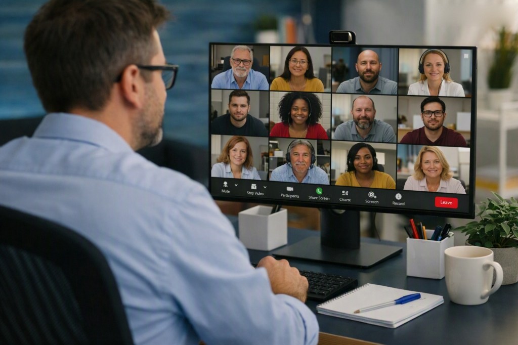 Man at his desk on a video call with twelve colleagues shown on his monitor