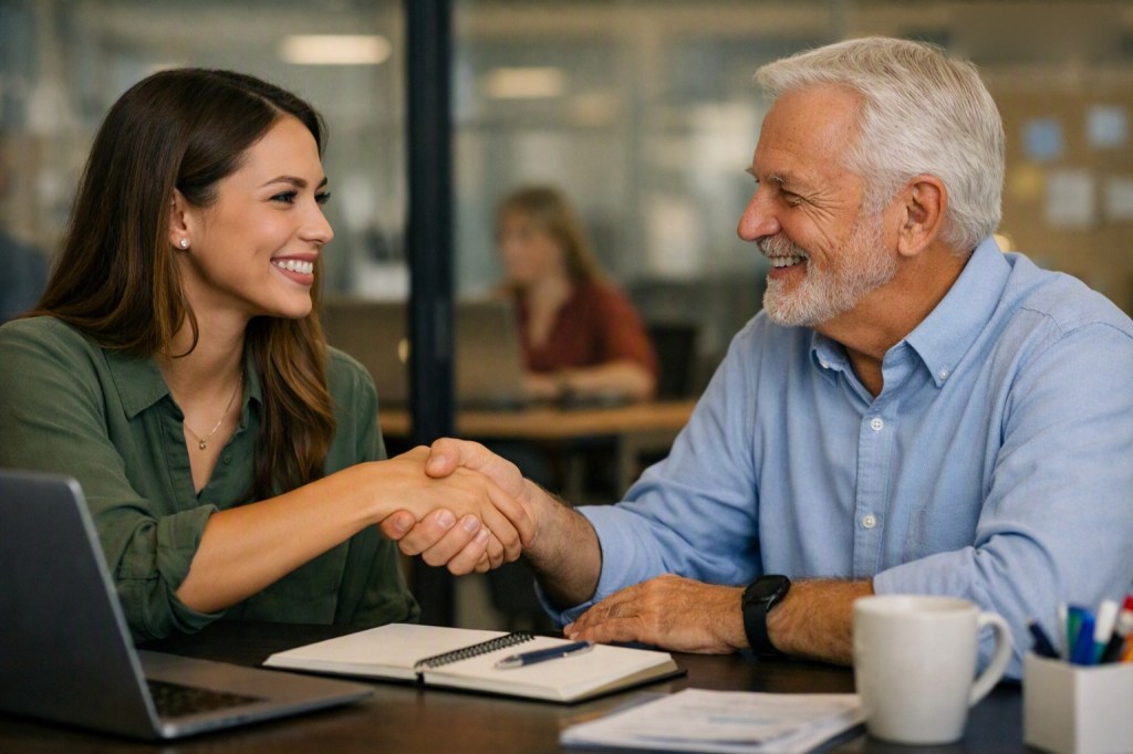 Two colleagues smiling and shaking hands across a desk